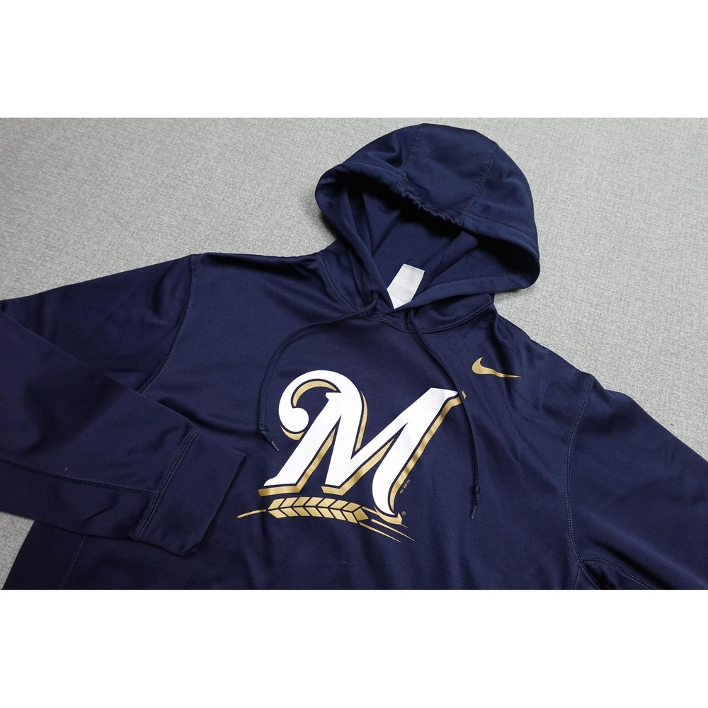 Milwaukee Brewers Hoodie Mens Medium Blue Nike MLB Baseball Therma Fit Pullover